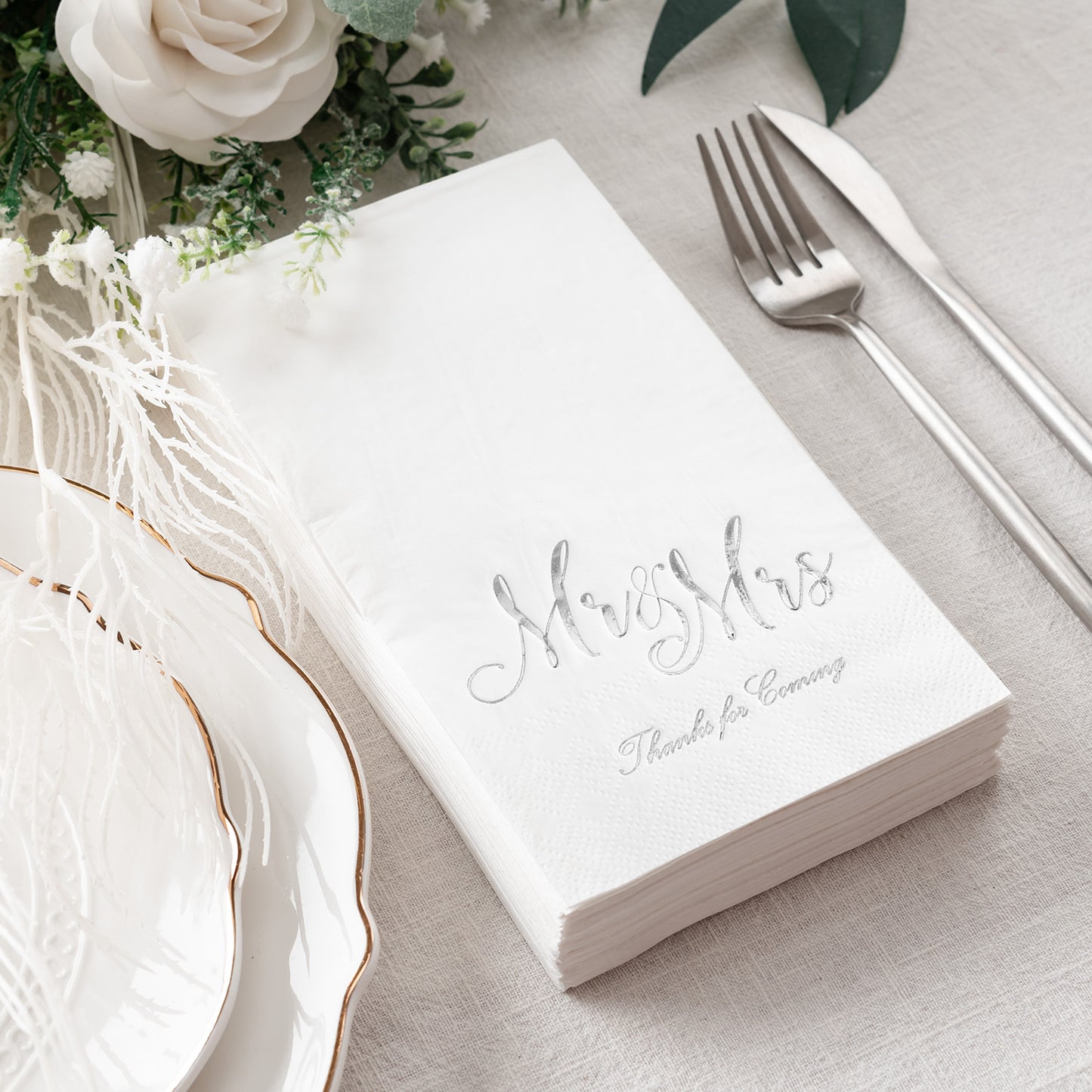 Crisky Mr & Mrs Dinner Napkins Silver Wedding Dinner Napkins Disposable Decorative Towels for Wedding Shower Banquet, Elegant Silver Wedding Rehearsal Dinner Party Decoraions ,50 Pcs, 3-ply, 12"x16"