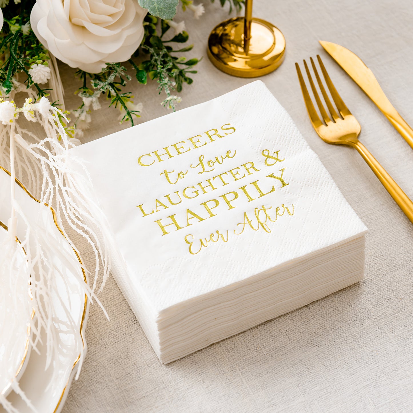 Crisky 50 Count Bridal Shower Napkins Disposable Cocktail Napkins 3-Ply Gold Foil Text Beverage Napkins for Engagement Party Decorations & Wedding Shower