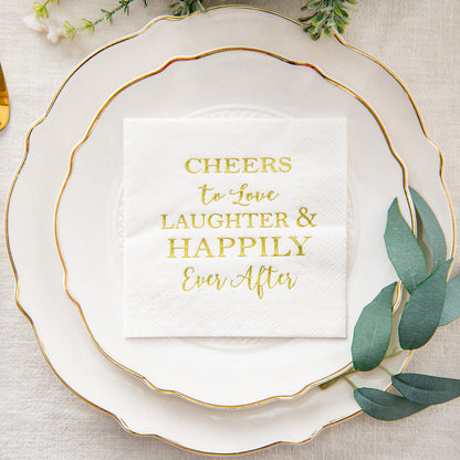 Crisky 50 Count Bridal Shower Napkins Disposable Cocktail Napkins 3-Ply Gold Foil Text Beverage Napkins for Engagement Party Decorations & Wedding Shower