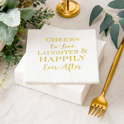 Crisky 50 Count Bridal Shower Napkins Disposable Cocktail Napkins 3-Ply Gold Foil Text Beverage Napkins for Engagement Party Decorations & Wedding Shower