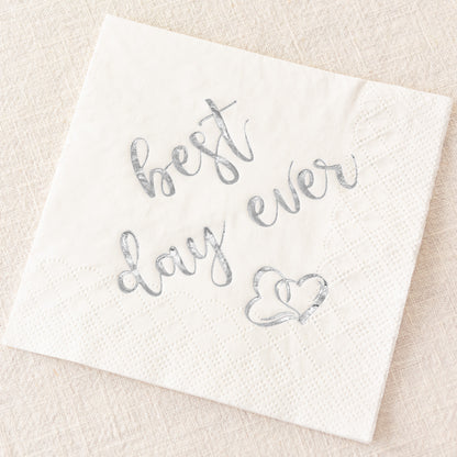 Crisky Best Day Ever Napkins Silver for Wedding Bridal Shower and Engagement Party Decorations,Cocktail Dessert Beverage Napkins 100 Pack, 3-ply