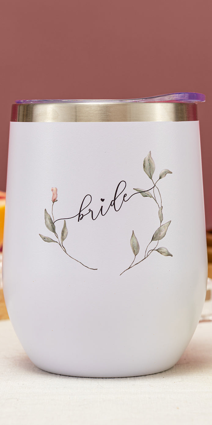 Crisky Greenery Bride Wine Tumbler for Bride Gift Vacuum Insulated Stainless Steel Drink Cup with Straw for Bride to Be | Engagement Glass | Newly Engaged Travel Mug | Future Mrs | Bachelorette 12oz