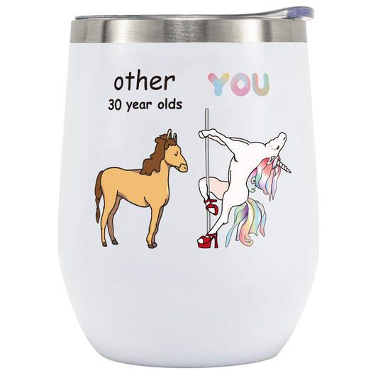 Crisky Funny Unicorn Wine Tumbler for Women 30th Birthday Gifts Novelty Gift for Best Friend/Friends/Wife/Mom/Sister/Her 12oz Vacuum Insulated Tumbler with Box, Lid, Straw