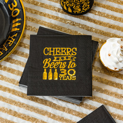 Crisky 30th Birthday Cocktail Napkins Black and Gold, Beverages Napkins for 30th Birthday Anniversary Decorations Cheers to 30 Years, 50 PCS, 3-Ply