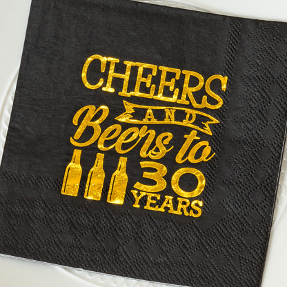 Crisky 30th Birthday Cocktail Napkins Black and Gold, Beverages Napkins for 30th Birthday Anniversary Decorations Cheers to 30 Years, 50 PCS, 3-Ply