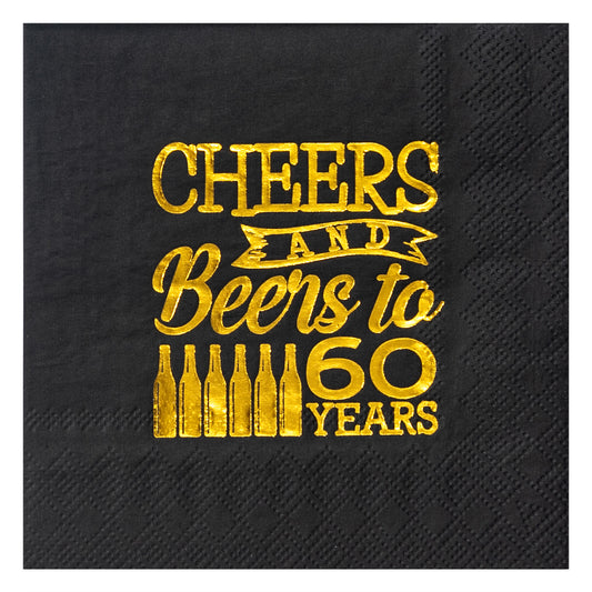 Crisky 60th Birthday Cocktail Napkins Black and Gold, Beverages Napkins for 60th Birthday Anniversary Decorations Cheers and Beers to 60 Years, 50 PCS, 3-Ply