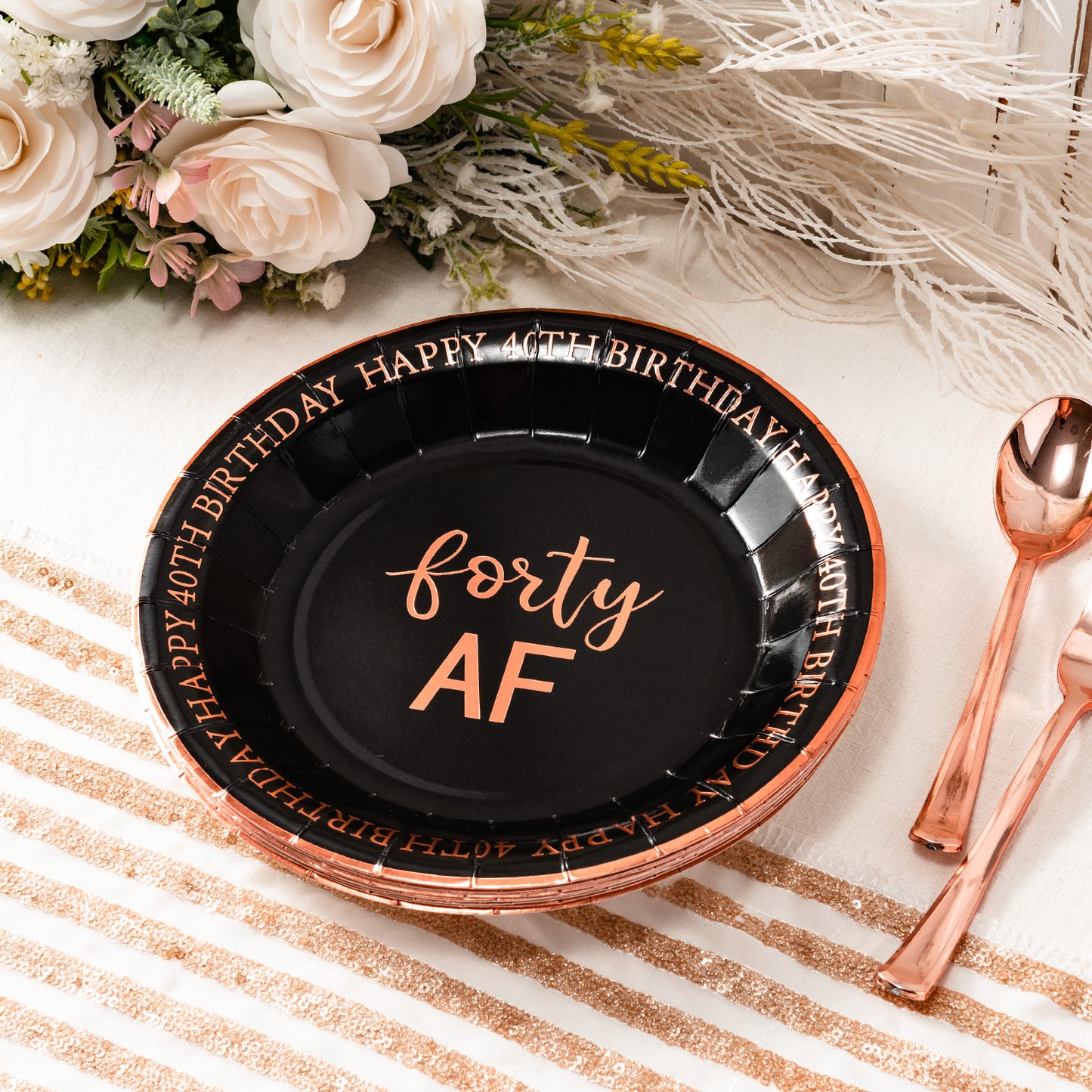 Crisky 40th Birthday Plates Rose Gold Women 40th Birthday Decorations Dessert, Buffet, Cake, Lunch, Dinner Plates for 40th Birthday Party Supplies, Forty XX, Happy 40th Birthday! 50 Count, 9" Plate