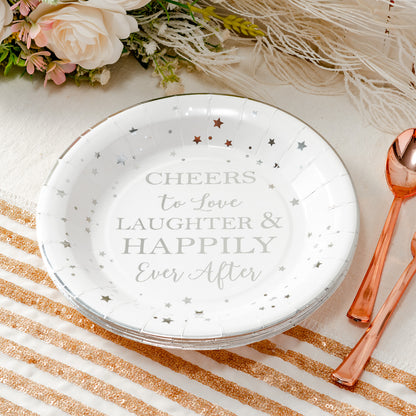 Crisky Cheers to Love Silver Disposable Plates for Bridal Shower, Wedding, Engagement, Bachelorett Party Decorations, Dessert, Buffet, Cake, Lunch, Dinner Plates Party Supples, 50 Count, 9" Plate