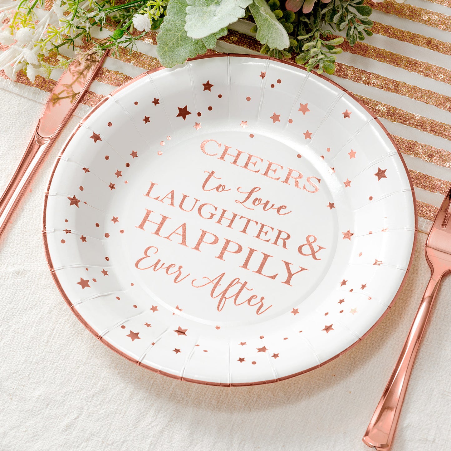 Crisky Cheers to Love Rose Gold Disposable Plates for Bridal Shower, Wedding, Engagement, Bachelorett Party Decorations, Dessert, Buffet, Cake, Lunch, Dinner Plates Party Supples, 50 Count, 9" Plate