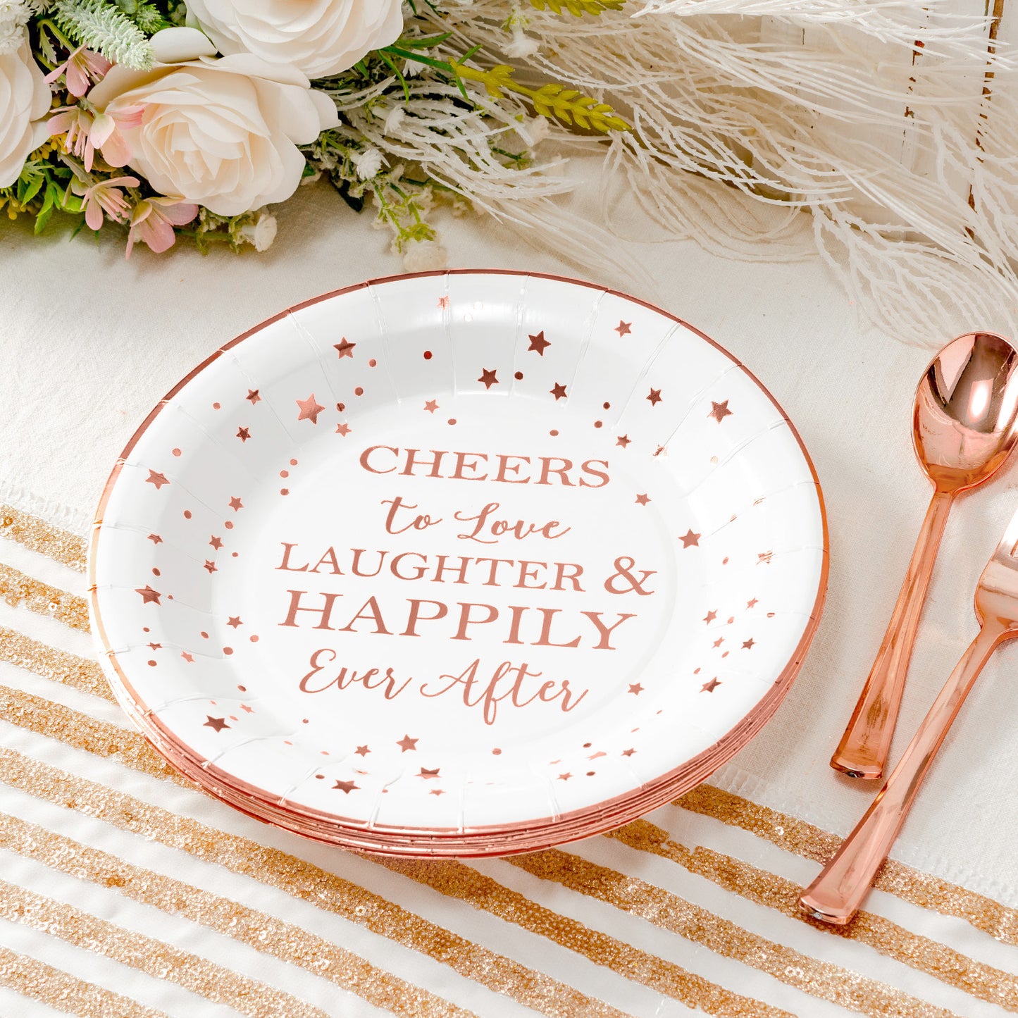 Crisky Cheers to Love Rose Gold Disposable Plates for Bridal Shower, Wedding, Engagement, Bachelorett Party Decorations, Dessert, Buffet, Cake, Lunch, Dinner Plates Party Supples, 50 Count, 9" Plate