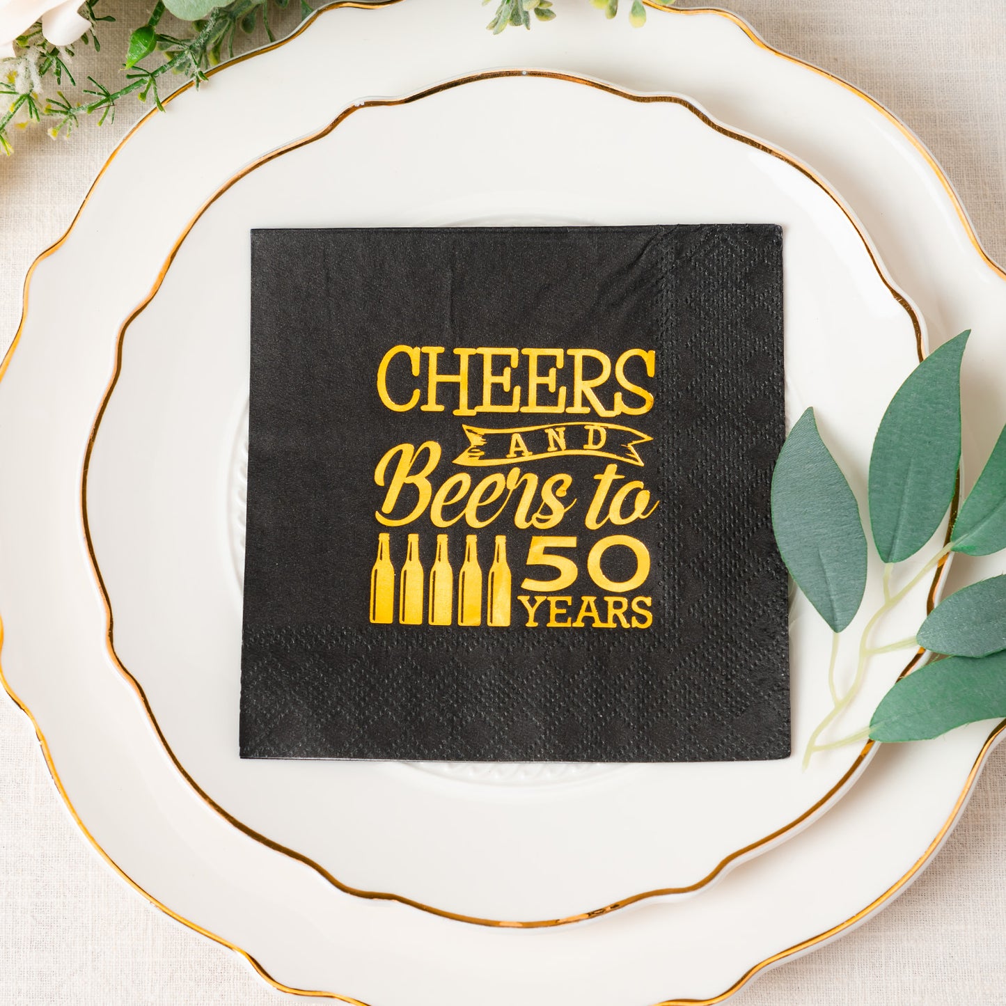 Crisky 50th Birthday Cocktail Napkins Black and Gold, Beverages Napkins for 50th Birthday Anniversary Decorations Cheers and Beers to 50 Years, 50 PCS, 3-Ply