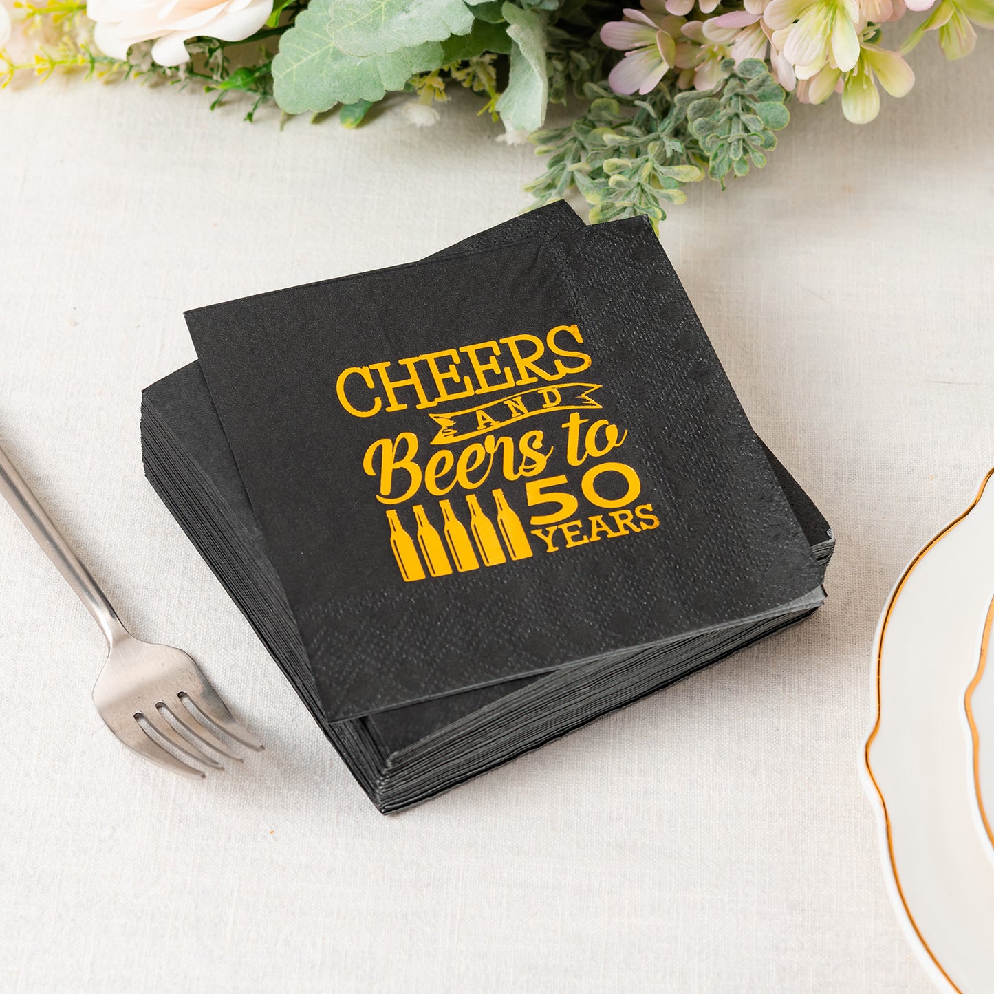 Crisky 50th Birthday Cocktail Napkins Black and Gold, Beverages Napkins for 50th Birthday Anniversary Decorations Cheers and Beers to 50 Years, 50 PCS, 3-Ply