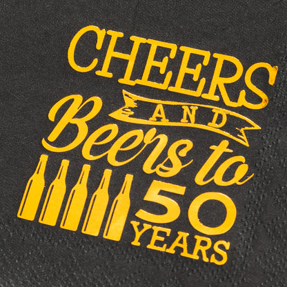 Crisky 50th Birthday Cocktail Napkins Black and Gold, Beverages Napkins for 50th Birthday Anniversary Decorations Cheers and Beers to 50 Years, 50 PCS, 3-Ply