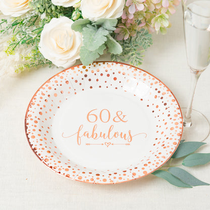 Crisky 60 Fabulous Disposable Plates for Women 60th Birthday Decorations Rose Gold Dessert, Buffet, Cake, Lunch, Dinner Disposable Plates 60th Birthday Party Table Supples, 50 Count, 9 inches