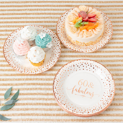 Crisky 60 Fabulous Disposable Plates for Women 60th Birthday Decorations Rose Gold Dessert, Buffet, Cake, Lunch, Dinner Disposable Plates 60th Birthday Party Table Supples, 50 Count, 9 inches