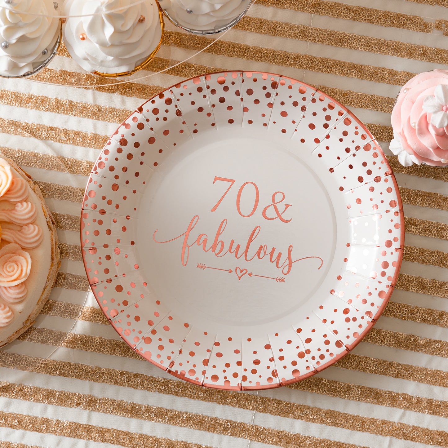 Crisky 70 Fabulous Disposable Plates for Women 70th Birthday Decorations Rose Gold Dessert, Buffet, Cake, Lunch, Dinner Disposable Plates 70th Birthday Party Table Supples, 50 Count, 9 inches