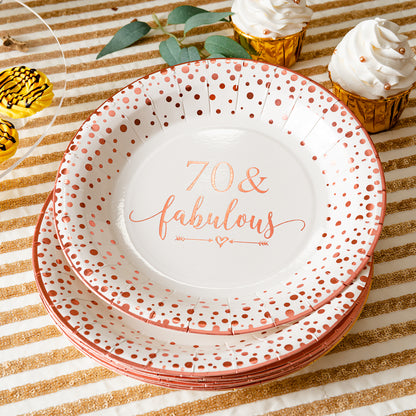 Crisky 70 Fabulous Disposable Plates for Women 70th Birthday Decorations Rose Gold Dessert, Buffet, Cake, Lunch, Dinner Disposable Plates 70th Birthday Party Table Supples, 50 Count, 9 inches