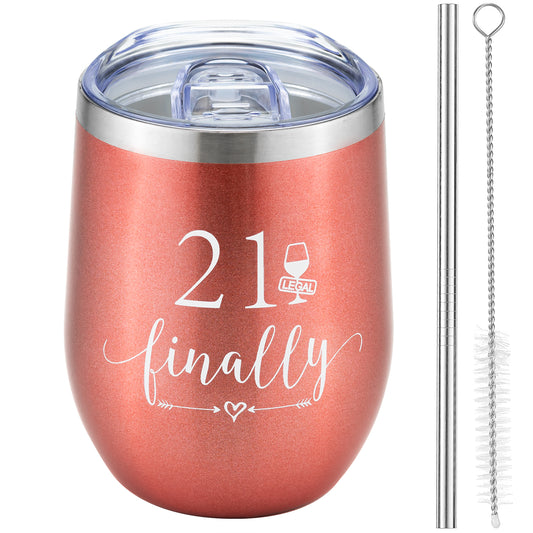 Crisky Rose Gold 21 & Finally Wine Tumbler for Girl 21st Birthday Gifts Funny Ideas for Girlfriend, Sister, Friends, Daughter, Her Wine Glass, Vacuum Insulated Coffee Cup 12oz, with Box, Lid and Straw