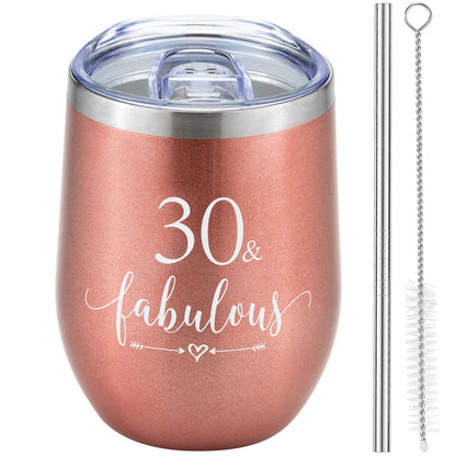Crisky Rose Gold 30 & Fabulous Wine Tumbler for Women 30th Birthday Gifts for Women, Wife, Mom, Sister, Aunt, Friends, Coworker Her, Vacuum Insulated Coffee Cup,12oz with Box, Lid, Straw
