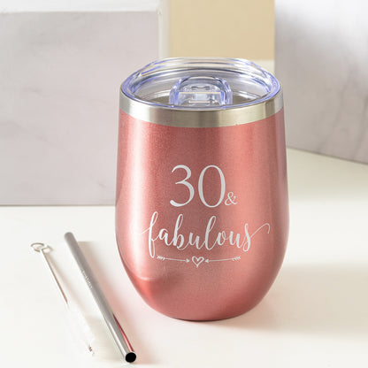 Crisky Rose Gold 30 & Fabulous Wine Tumbler for Women 30th Birthday Gifts for Women, Wife, Mom, Sister, Aunt, Friends, Coworker Her, Vacuum Insulated Coffee Cup,12oz with Box, Lid, Straw