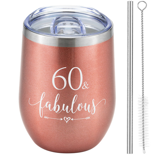 Crisky Rose Gold 60 & Fabulous Wine Tumbler for Women 60th Birthday Gifts for Women, Wife, Mom, Sister, Aunt, Friends, Coworker Her, Vacuum Insulated Coffee Cup,12oz with Box, Lid, Straw