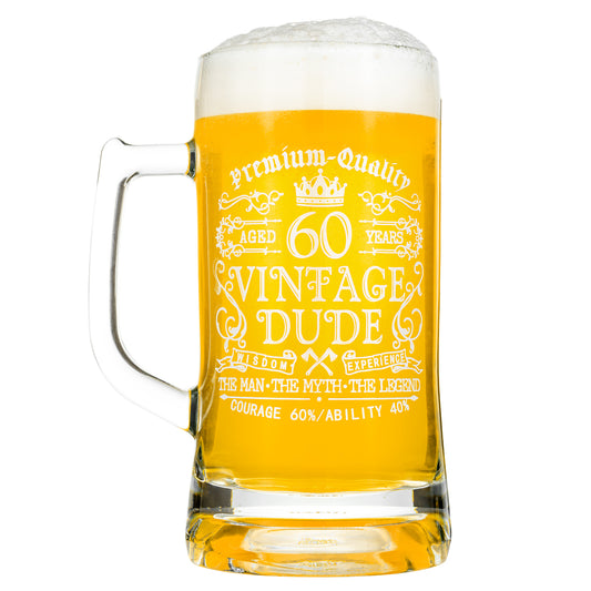 Crisky 60th Birthday Vintage Dude Beer Mug for Men 60 Years Old Gift 21 oz Birthday Beer Glass for Him, Husband, Father, Brother Friends Uncle Coworker, Large Capacity Beer Mug Gift, with Box