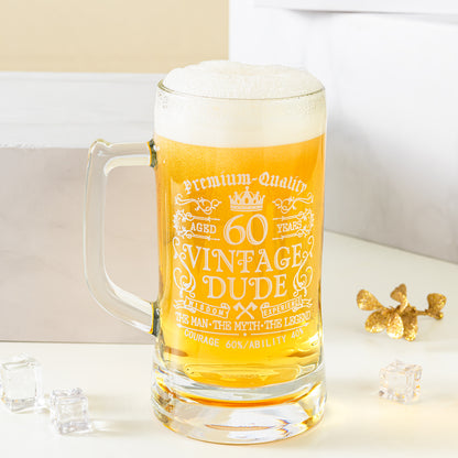 Crisky 60th Birthday Vintage Dude Beer Mug for Men 60 Years Old Gift 21 oz Birthday Beer Glass for Him, Husband, Father, Brother Friends Uncle Coworker, Large Capacity Beer Mug Gift, with Box