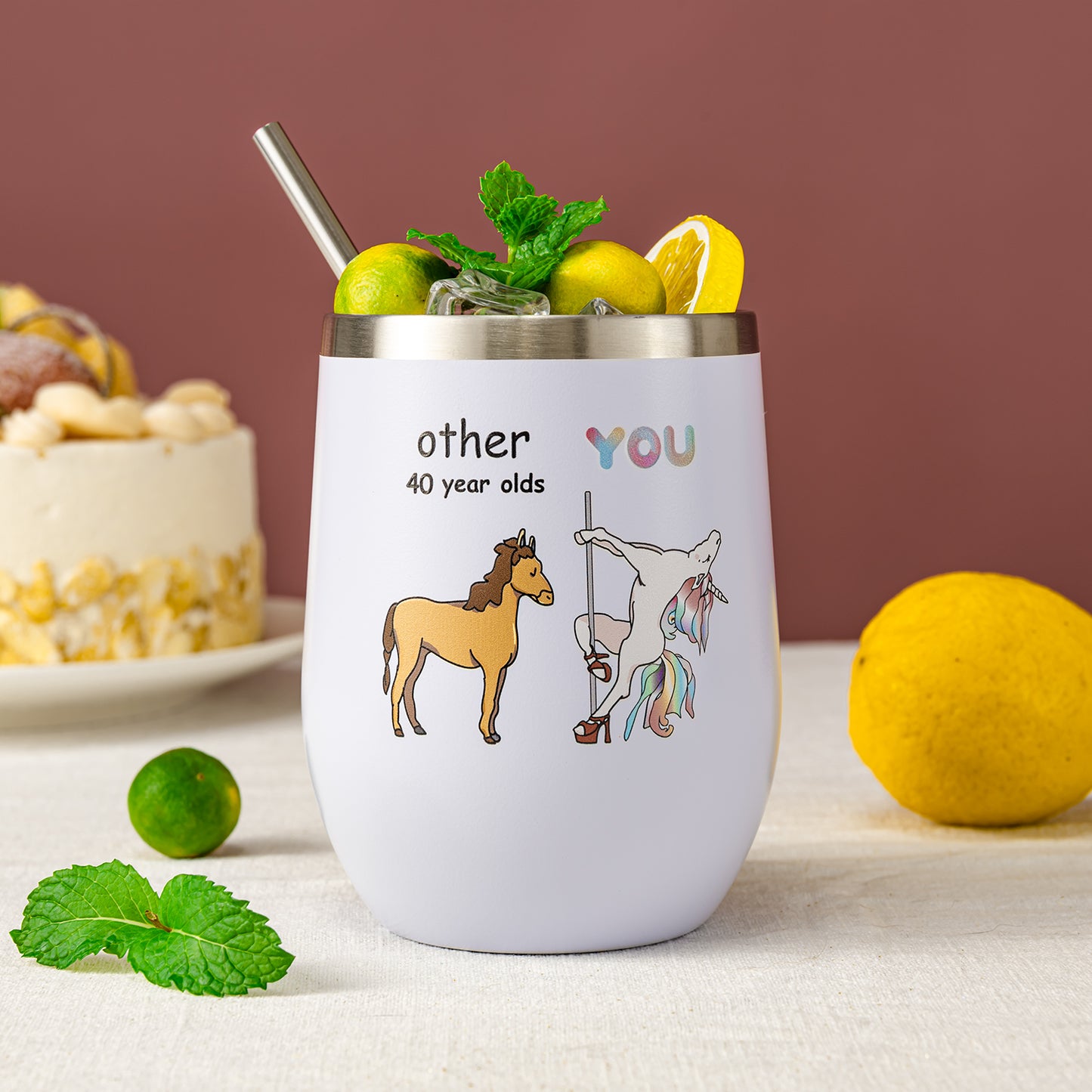 Crisky 40th Birthday Gifts for Women friends-40th bday gifts women-Funny Unicorn Wine Tumbler 12 OZ with Lid, Straw