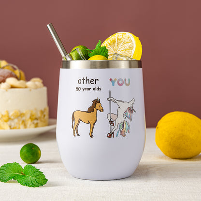 Crisky Funny Unicorn Wine Tumbler for Women 50th Birthday Gifts Novelty Gift for Best Friend/Friends/Wife/Mom/Sister/Her 12oz Vacuum Insulated Tumbler with Box, Lid, Straw