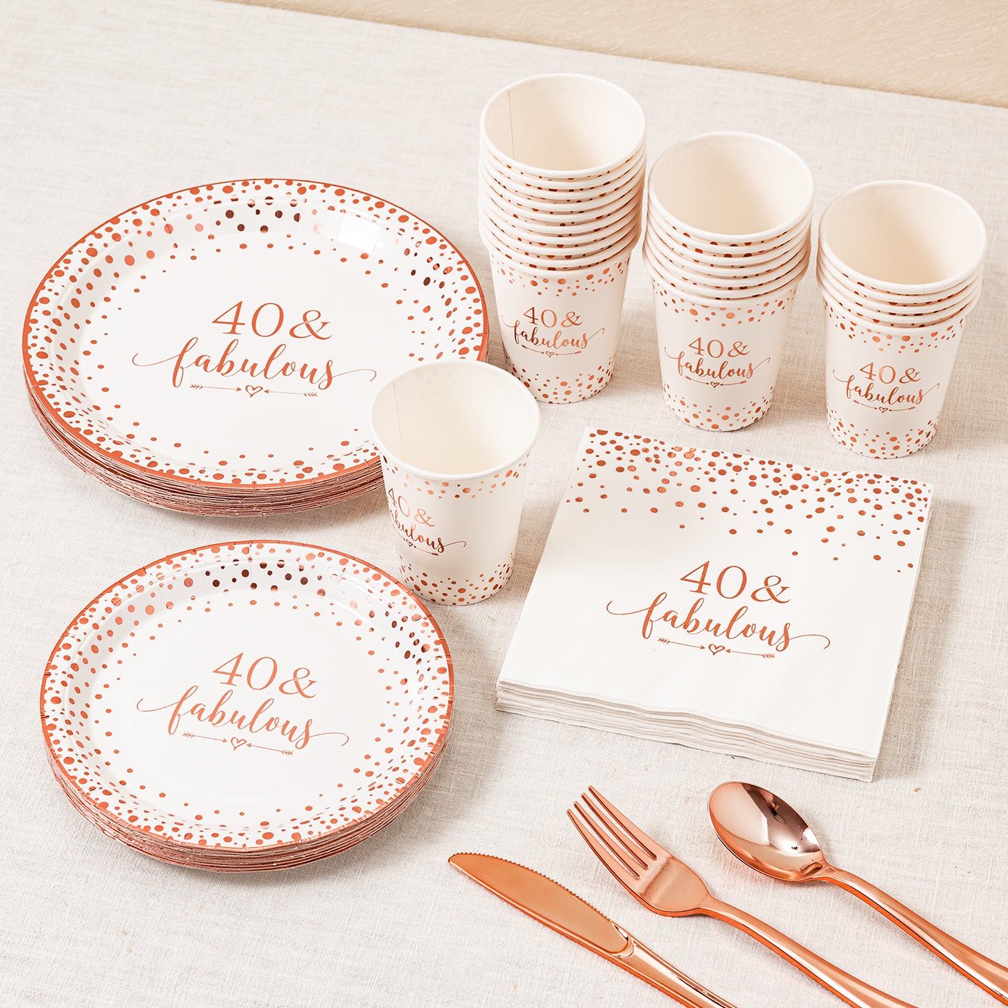 Crisky Rose Gold 40 Fabulous Napkins Plates Cups Set for Women 40th Birthday Party Decorations Supplies, Disposable Tableware Set of 24 (9" Plates, 7" Plates, Luncheon Napkins, 9oz Cups)