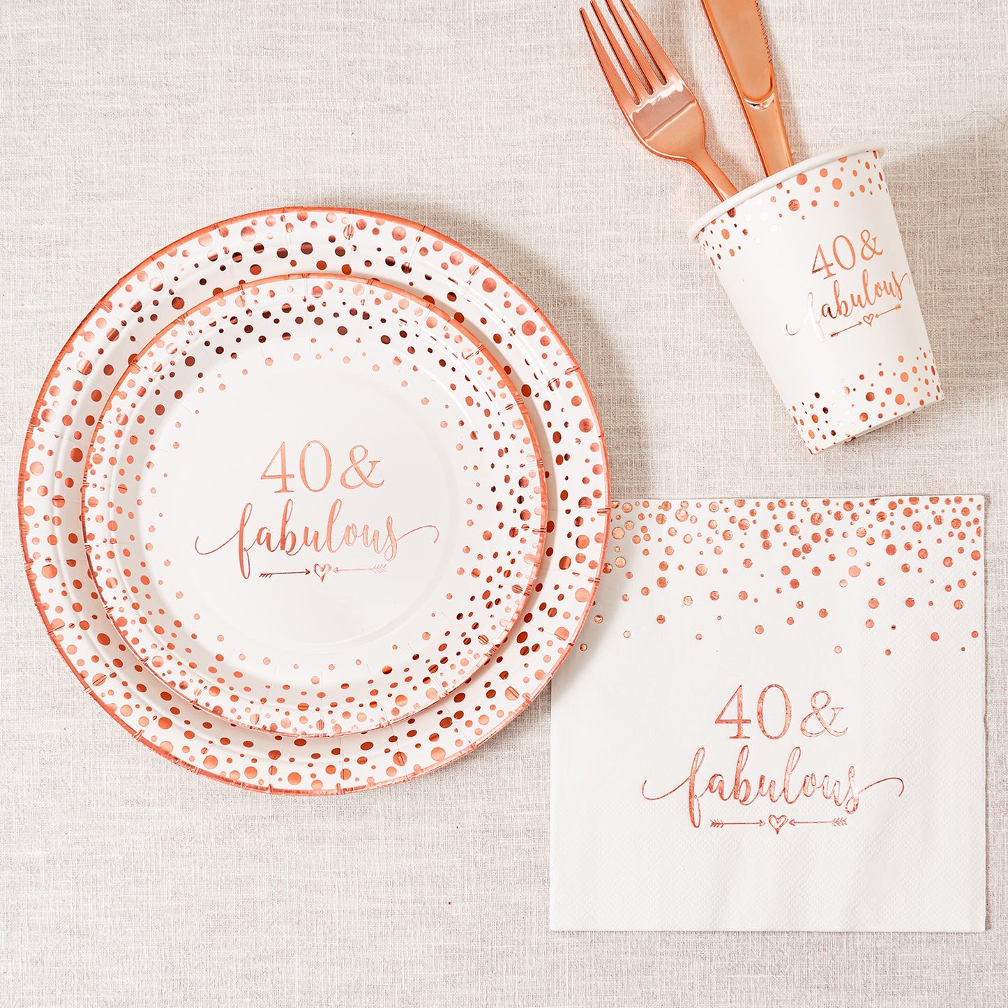 Crisky Rose Gold 40 Fabulous Napkins Plates Cups Set for Women 40th Birthday Party Decorations Supplies, Disposable Tableware Set of 24 (9" Plates, 7" Plates, Luncheon Napkins, 9oz Cups)