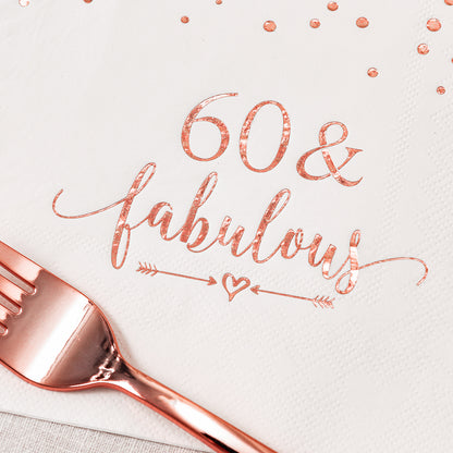 Crisky Rose Gold 60 Fabulous Napkins Plates Cups Set for Women 60th Birthday Party Decorations Supplies, Disposable Tableware Set of 24 (9" Plates, 7" Plates, Luncheon Napkins, 9oz Cups)