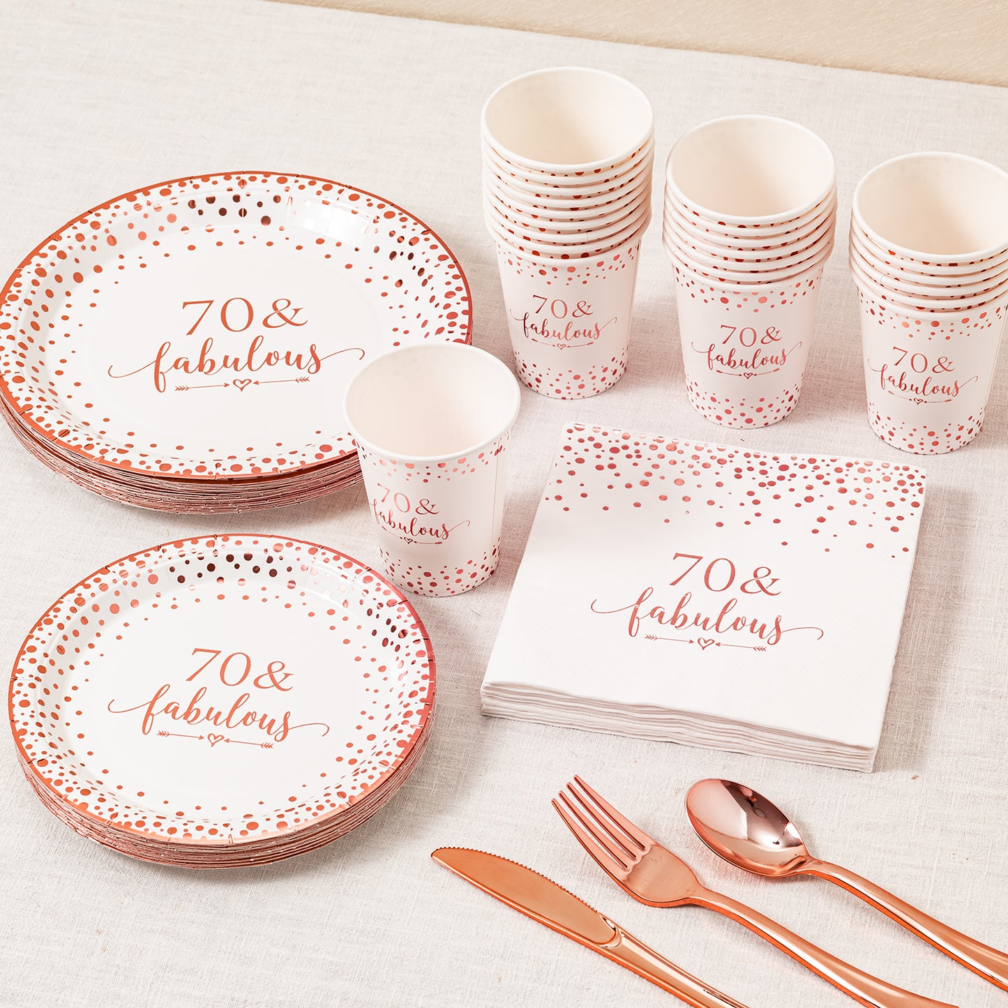 Crisky Rose Gold 70 Fabulous Napkins Plates Cups Set for Women 70th Birthday Party Decorations Supplies, Disposable Tableware Set of 24 (9" Plates, 7" Plates, Luncheon Napkins, 9oz Cups)