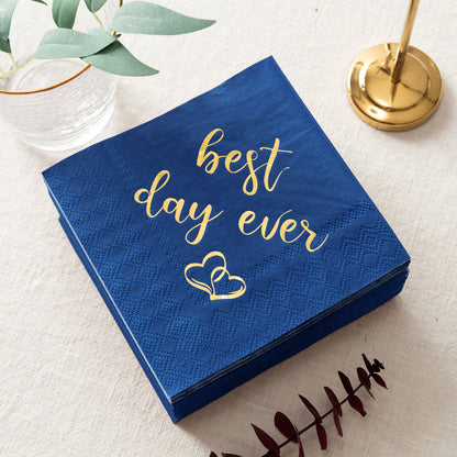 Crisky Wedding Cocktail Napkins Navy Blue Gold Best Day Ever Napkins for Wedding Dessert Beverage Table Decorations Wedding Party Supplies 100 Pcs, 3-ply